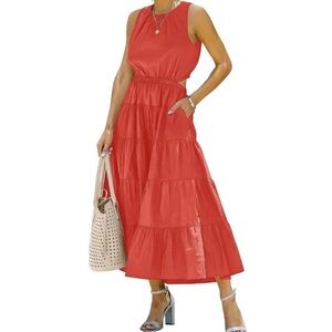 Anrabess Crewneck Sleeveless Cut Out Back Tiered Maxi Dress with Pockets S